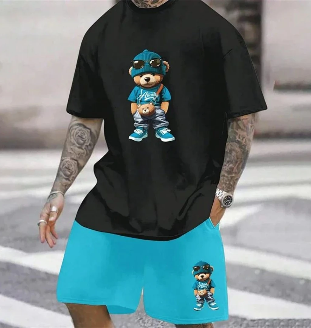 Men's fashion 3D teddy bear printed T-shirt shorts 2-piece set summer breathable fashion breathable quick drying 2-piece set - Image 5