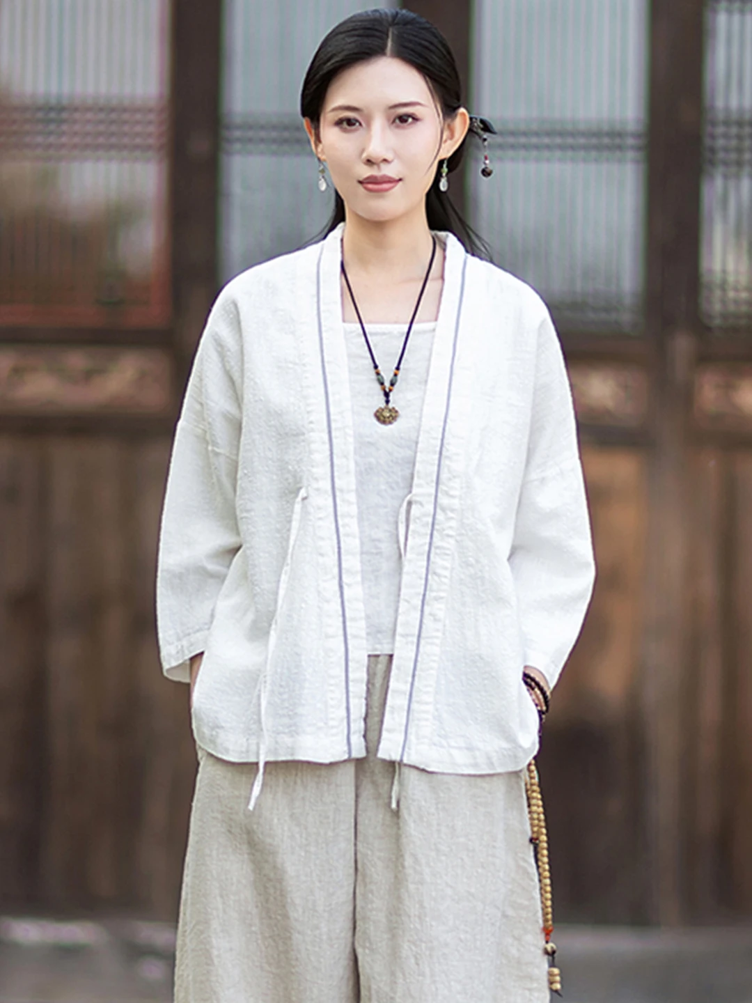 New Chinese Style Cotton Linen Open Cardigan V-neck Small Button Asymmetrical Belted Top Women's National Style Nine-point Sl...