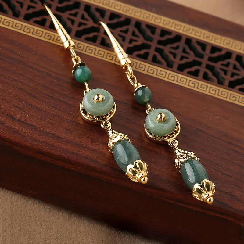 

Classic design natural Hetian jasper earrings for women exquisite ethnic style vintage long Eardrop wedding jewelry gift