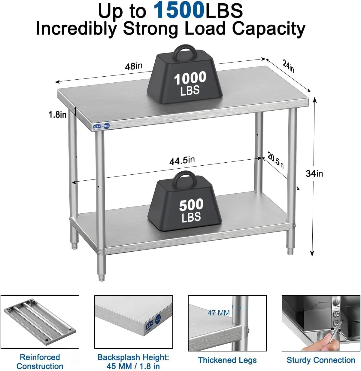Stainless Steel NSF Double Chrome Plated Modern Customized Multifunctional Preparation Table Workbench Adjustable Shell Metal