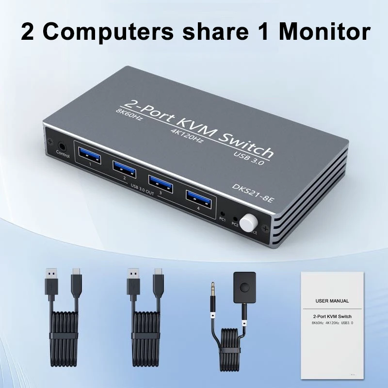 2-port 8K 60Hz DP KVM Switch with 4 Port USB3.0 4K 120Hz Displayport KVM Switcher for 2 Computer PC Share Mouse Keyboard Monitor