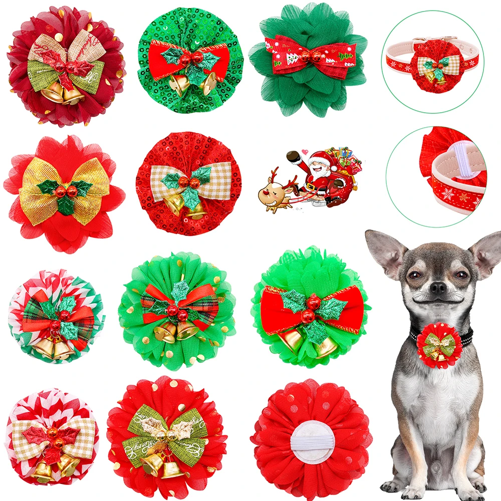 50pcs Christmas Dog Accessories Bell Slidable Dog Collar Accessories For Pet Dog Christmas Bow Ties Dogs Pets Grooming Products