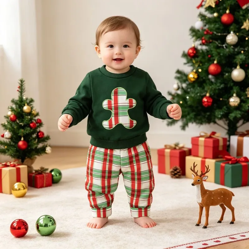 Toddler Baby Boy Christmas Plaid Outfit Green Sweatshirt with Gingerbread Man Print and Red Green Checkered Pants Set Xmas 0 36M