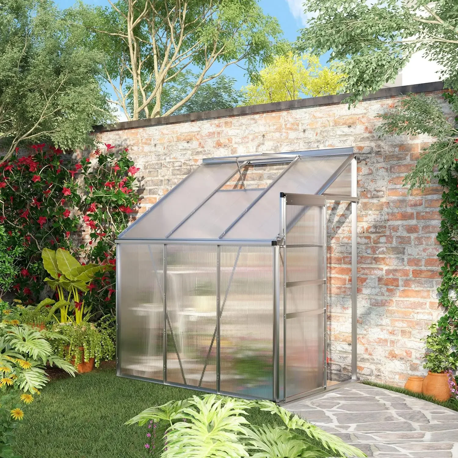 

6' x 4' Aluminum Lean-to Greenhouse Polycarbonate Walk-in Garden Greenhouse with Adjustable Roof Vent,