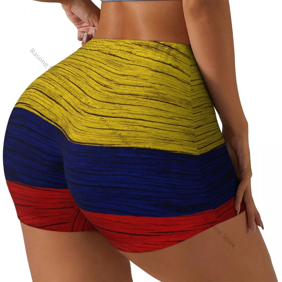 

Короткие эластичные шорты с эффектом пуш-ап, шорты для бега с флагом Колумбии и текстурой дерева, спортивные шорты, женская одежда для спортзала