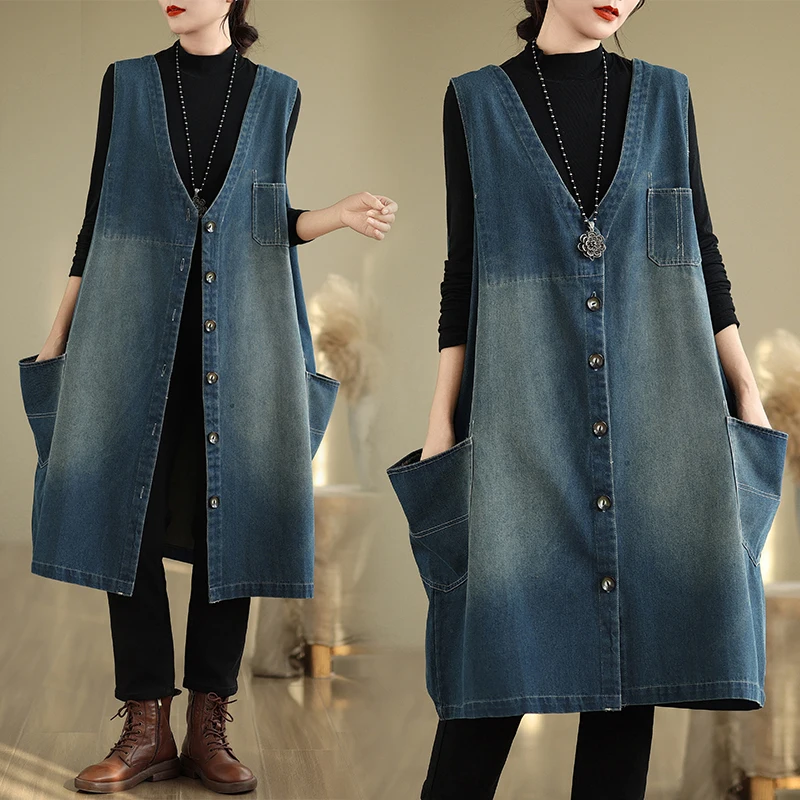 9752 Fall Fashion V-Neck Denim Jacket For Women Sleeveless Casual Loose Cowboy Single Breasted Double Big Pockets Female Outwear