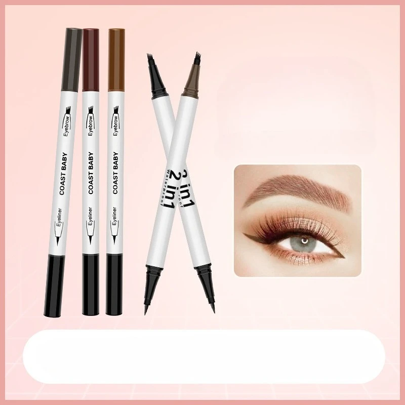 قلم حواجب مقاوم للماء - قلم حواجب سائل مكون من 4 شقوق + محدد عيون مزدوج الأطراف، مكياج مقاوم للتلطخ والعرق