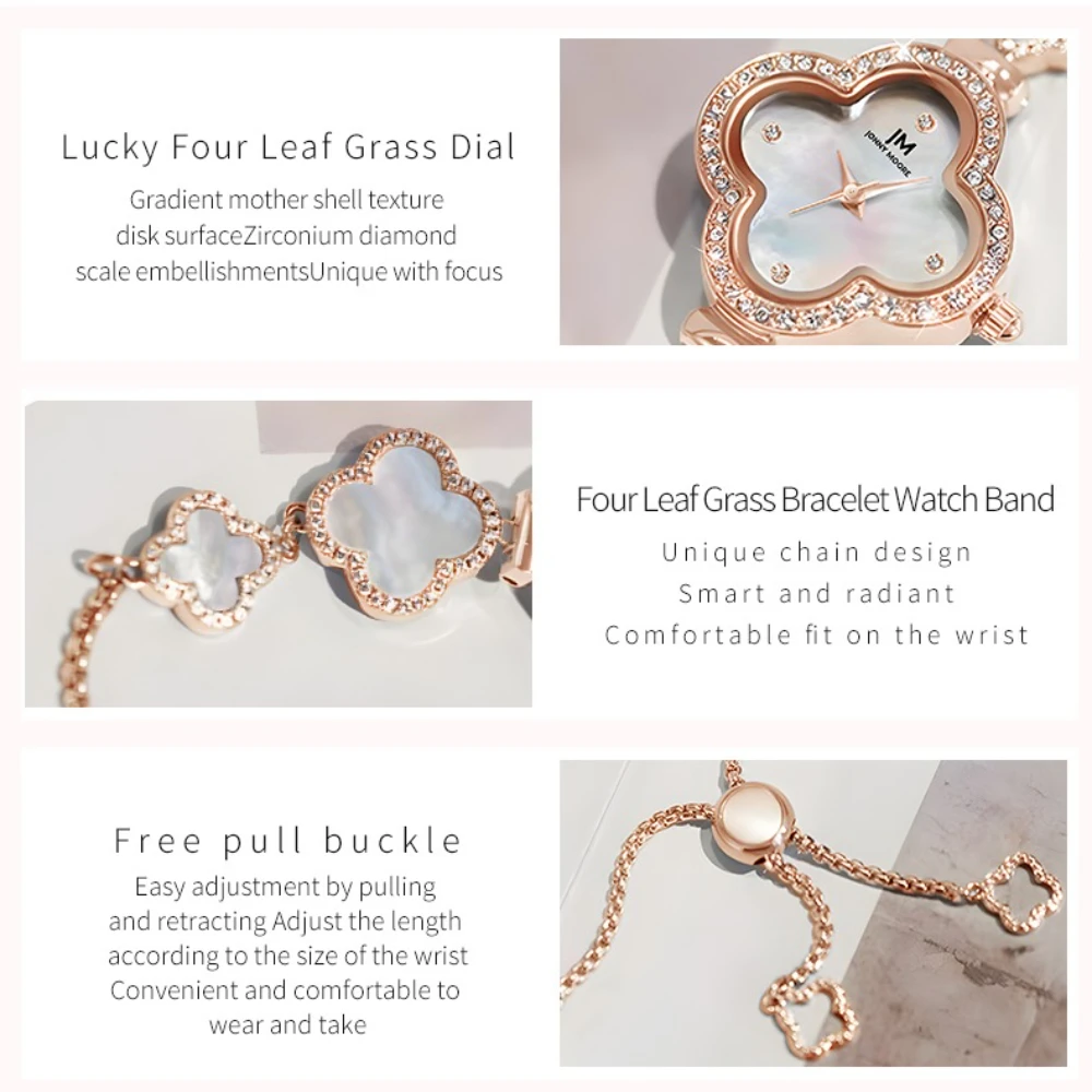 جوني مور 1638 ساعة نسائية موضة ساعة خفيفة فاخرة نمط سوار لاكي كلوفر 30 متر مقاوم للماء ساعات كوارتز للمرأة