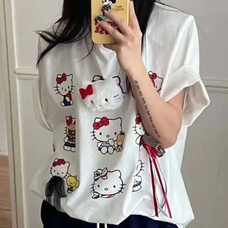 

Hello Kitty T-shirt Pure Cotton Cute Cartoon Printing Design Tops Summer New Fashion Leisure Versatile Loose Clothing Gifts
