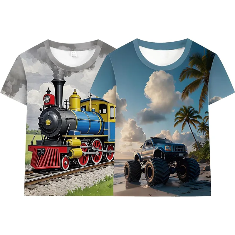 Little Hand Kids Boys Casual Short Sleeve Top Toddler Soft Fabric T-Shirt 3D Train Truck Print Crew Neck Tee for 3-10 Years