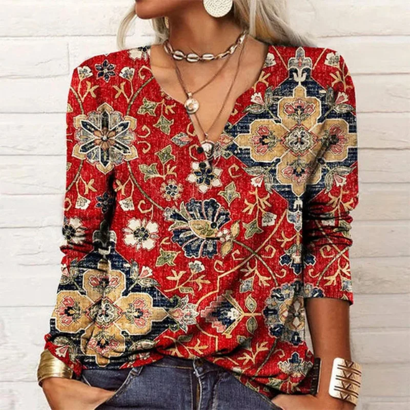 

Women's Spring Loose Fit Long Sleeve Flower Mang V-Neck T-Shirt Bottom Shirt Loose Fit Breathable Lightweight Women Tops