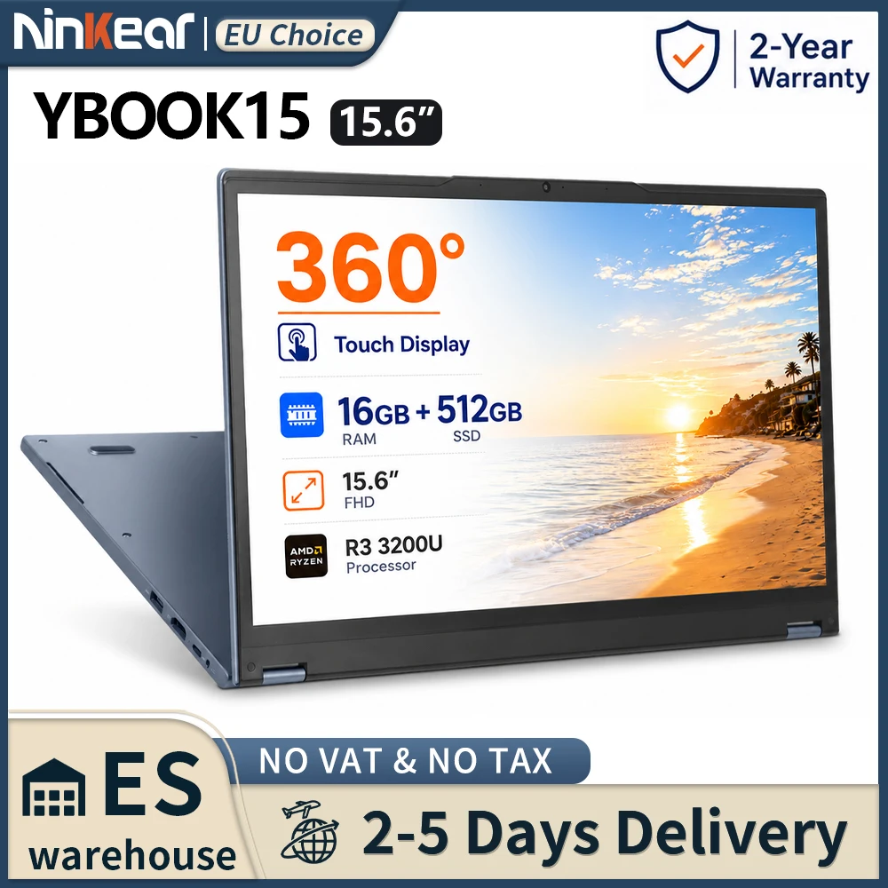 Ninkear YBook15 Portátil 2 en 1 15,6" FHD IPS Pantalla Táctil Convertible 360° AMD Ryzen 3 3200U 16GB DDR4 512GB SSD WiFi Bluetooth Teclado Retroiluminado Windows 11