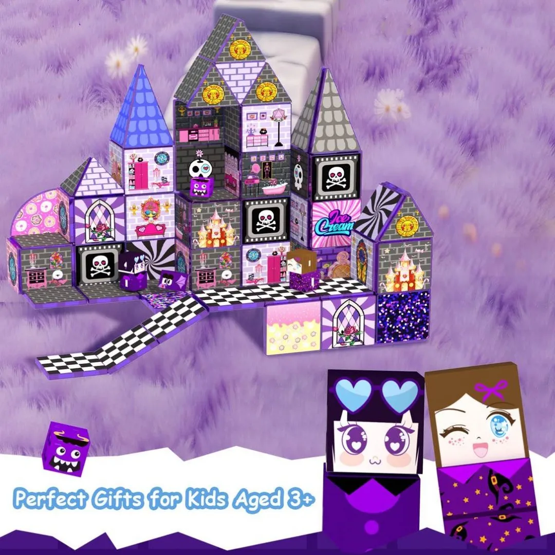 Klocki magnetyczne, kolorowe płytki magnetyczne, budowanie zamków z zabawek, ręcznie robione puzzle DIY, zabawki STEM, prezenty na Halloween i Boże Narodzenie