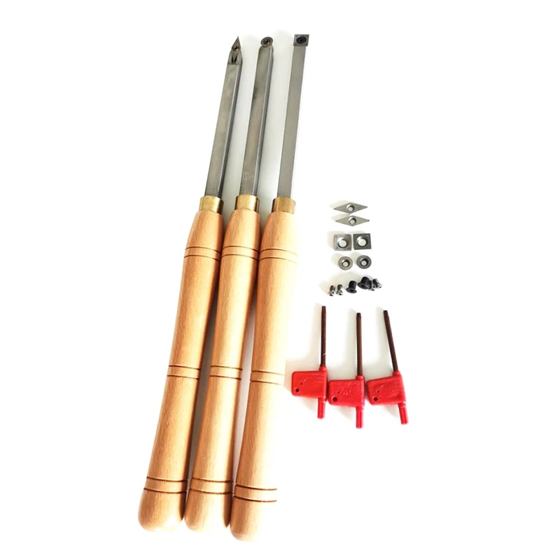 3Piece Carbide Tipped Wood Turning Kits Woodturning Lathe Accessories Beech Handle Silver&Wood Color Beech + Hard Alloy