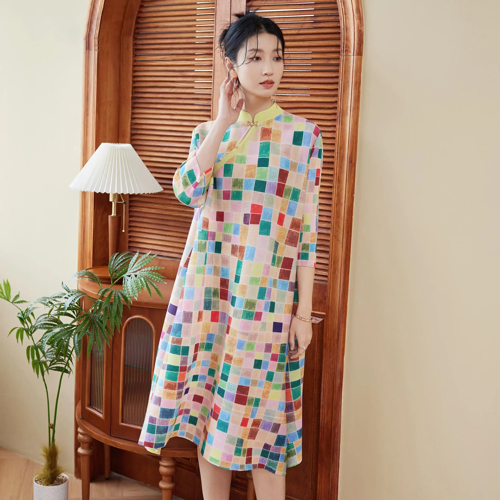 Miyake Pleated Dress Women's 2024 Spring New Fashion Printed Stand Collar Mid-sleeve Loose Large Size Elegant Mid-length Skirt