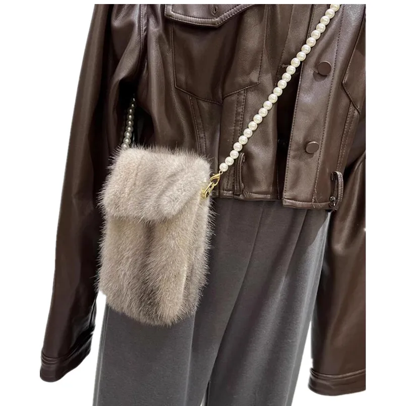 

Женская сумка через плечо из натурального меха норки, роскошная сумка на плечо, вечерние сумки, пушистая мягкая сумка для телефона с жемчужной цепочкой