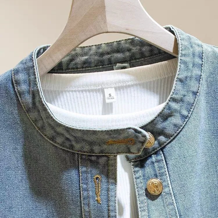 Stand-Collar Vintage Denim 2026 Spring And Autumn New Style Loose Versatile Jacket For Petite Individuals