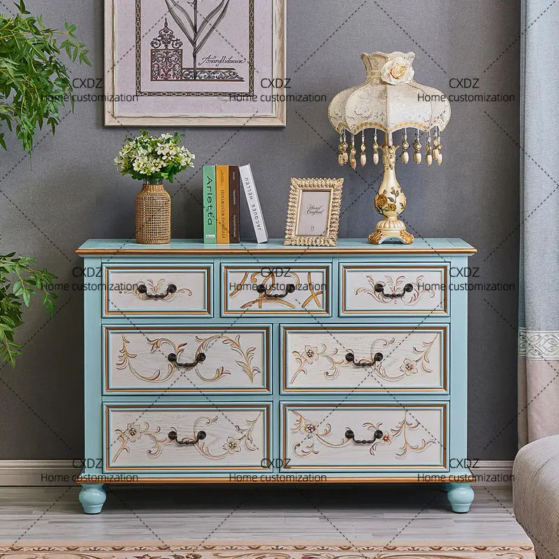 Bucket cabinet solid wood blue retro painted cabinet living room bedroom against the wall, length 120 wide 40 high 80cm