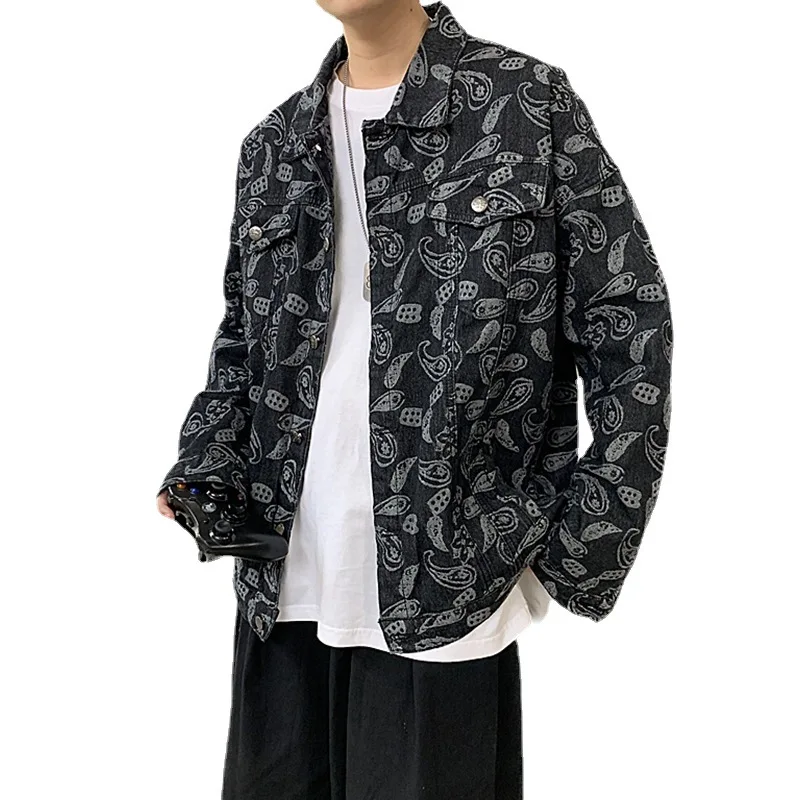 

Повседневная свободная мужская джинсовая куртка, модная брендовая рабочая одежда с цветочным узором ореха, топ, гонконгское пальто, весенне-осенняя одежда