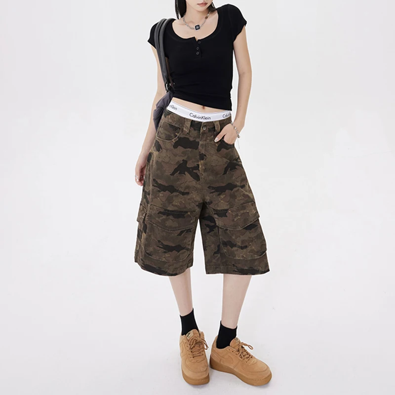 

Summer Women's Casual Style Harajuku Shorts Vintage High Waist Loose Wide Leg Pants Y2K Baggy Camouflage Denim Shorts