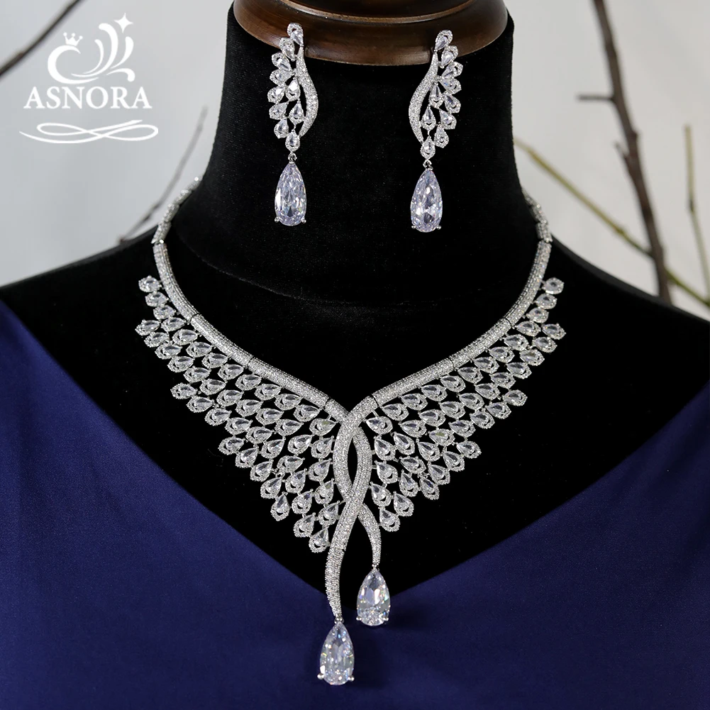 

ASNORA 2PCS Luxury White Transparent Feather Jewelry Set For Women Wedding Cubic Zircon CZ African Dubai Bridal Jewelry