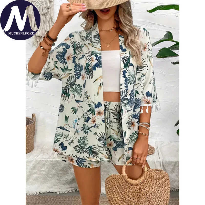 

Женский комплект из 2 предметов, летние универсальные рубашки с короткими рукавами и принтом, топы, костюмы, модные повседневные свободные короткие комплекты для пляжного отдыха