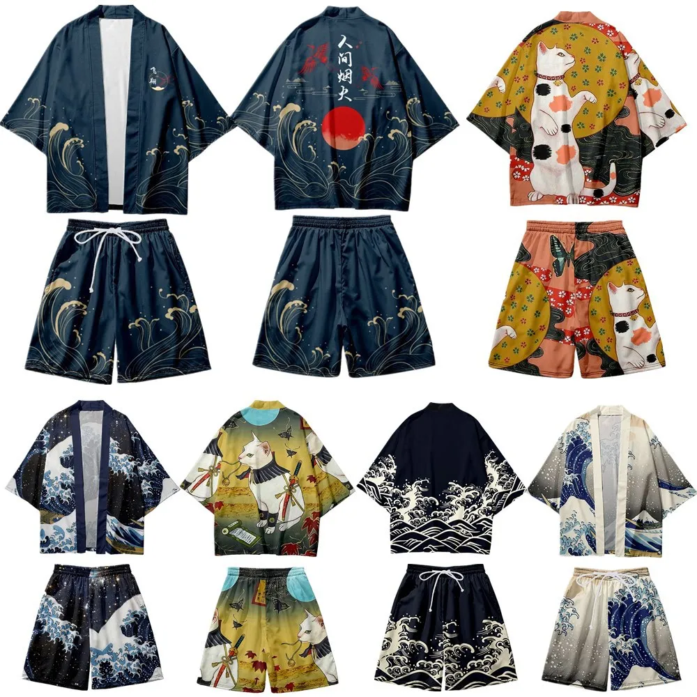 Halloween Cosplay Anime Japanese Style 3D Digital Color Printing Fun Feather Weaving Kimono Cloak Set Summer Home Bathrobe