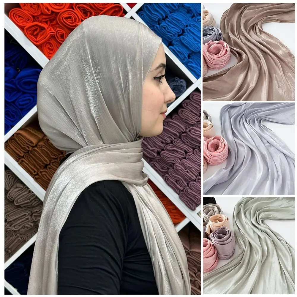Syal Sutra Cerah Berkilau Bersirkulasi Kualitas Tinggi 66*180Cm Jilbab Sifon Mewah Turban Selendang Panjang