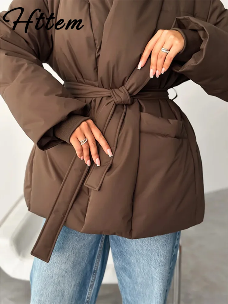 Warm Cotton-padded Lace Up Jacket Women Solid Full Sleeve Stand Collar Loose Jackets Female 2025 Autumn Thicken Outwear Lady New