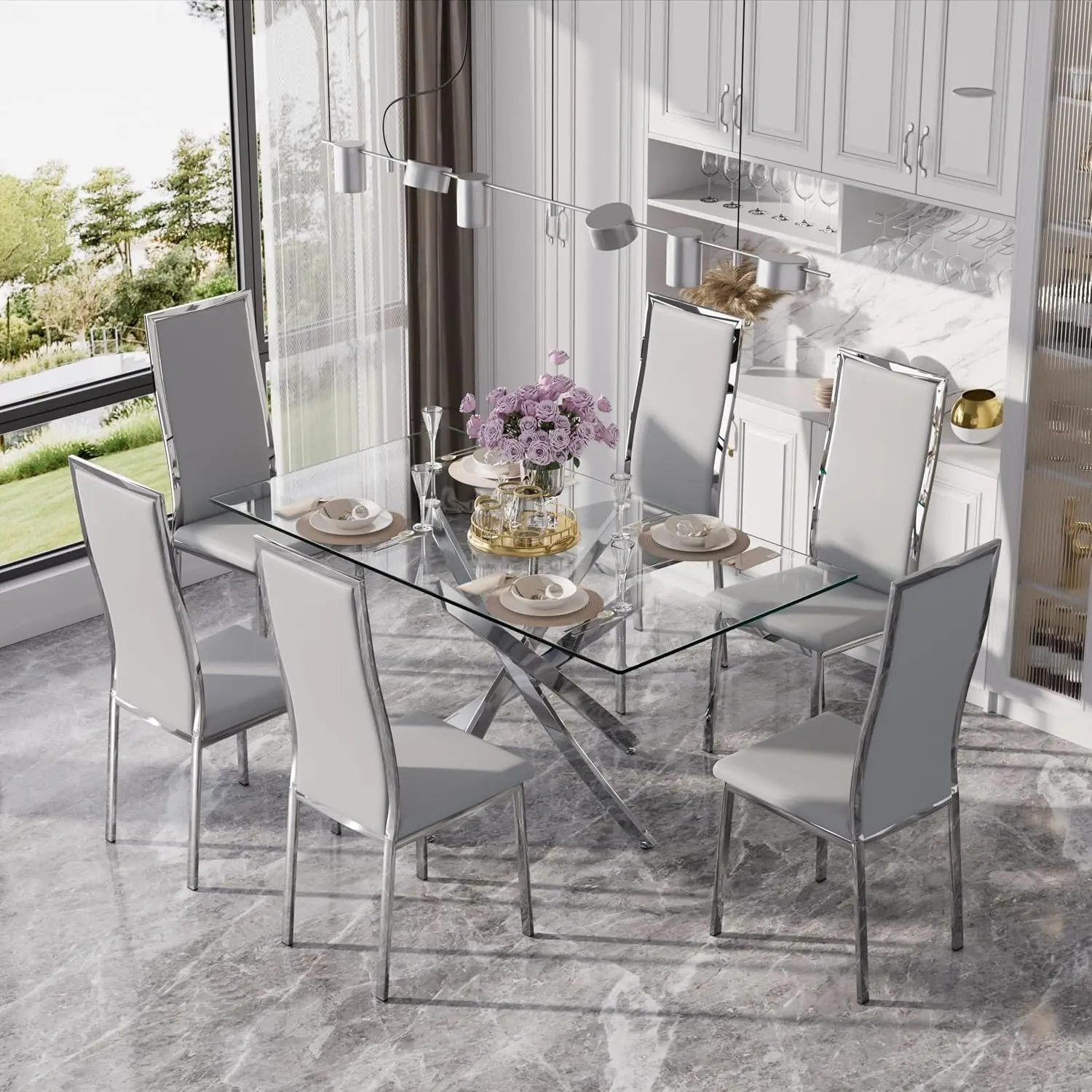 Grey Faux Leather Dining Chairs 6 Chrome Legs Curved High Back Cloud Cushion Mid-Century Kitchen Non-Slip, Customized
