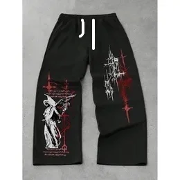 Herren Gothic Vertikale Grafik Weite Jogginghose mit Kordelzug Lose Gerade Baggy Y2K Dark Punk Streetwear Hose – Detail 9