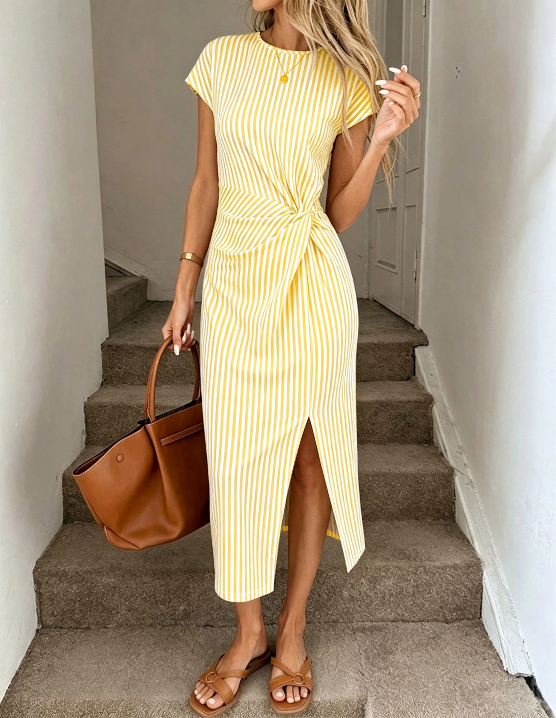 Women's temperament elegant design sense waist twisted round neck cinched waist slit short sleeved dress view 6