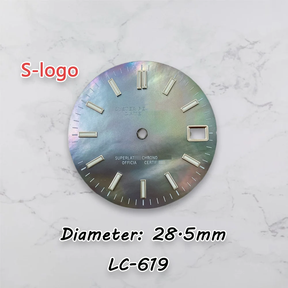 High Quality Dial S Logo 28.5mm NH35 Log Mother pearl Dial Green Luminous For NH36Movement Watch Modification Accessories