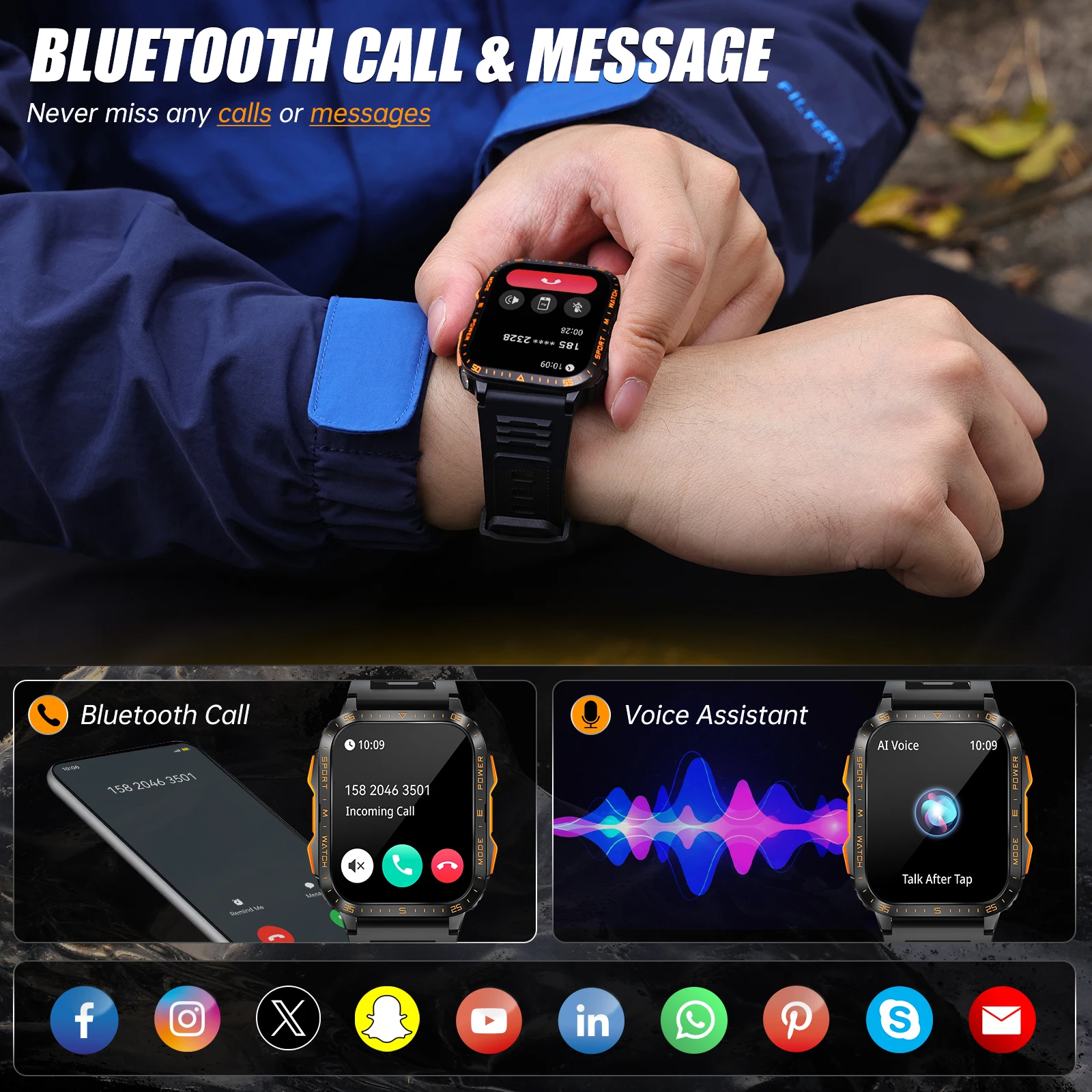EIGIIS Military SmartWatch for Men with LED Flashlight UV Light HD Outdoor Sports Fitness Tracker Watch Heart Rate Sleep Monitor