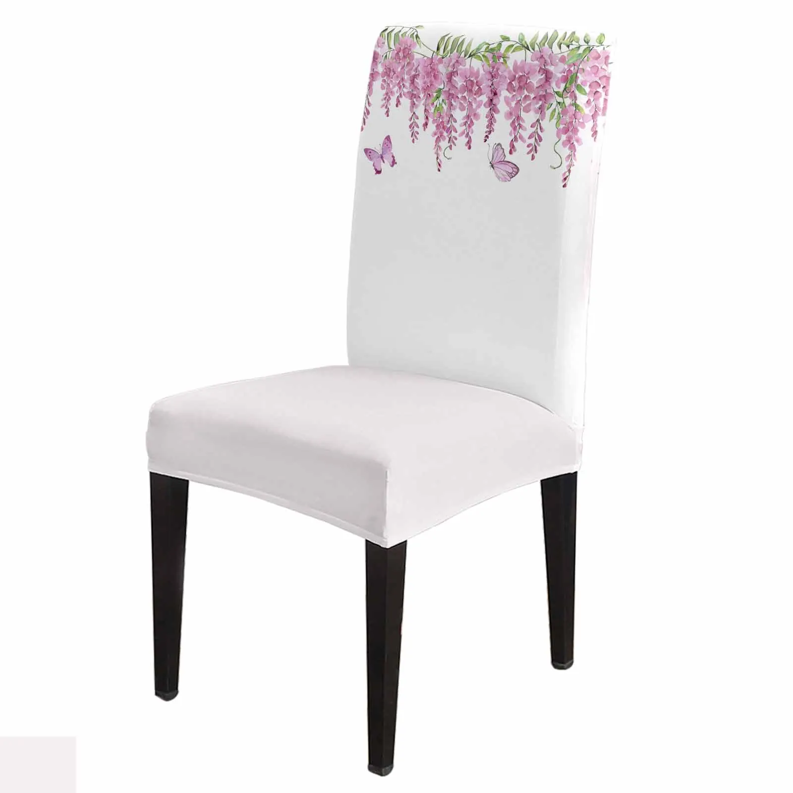 Spring Pink Wisteria Butterfly Chair Cover Set Kitchen Stretch Spandex Seat Slipcover Home Decor Dining Room Seat Cover