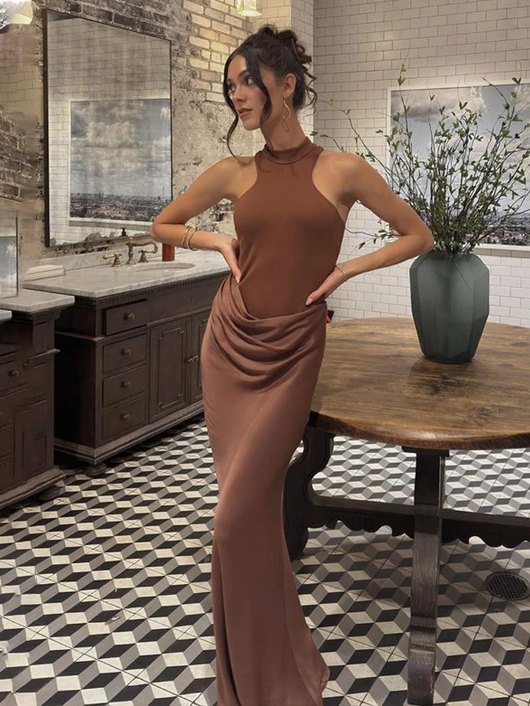 

Women Satin Sexy Hollow Out Elegant Party Maxi Dress Black Sleeveless High Waist Dress Female Autumn Skinny Clubwear Fashionable