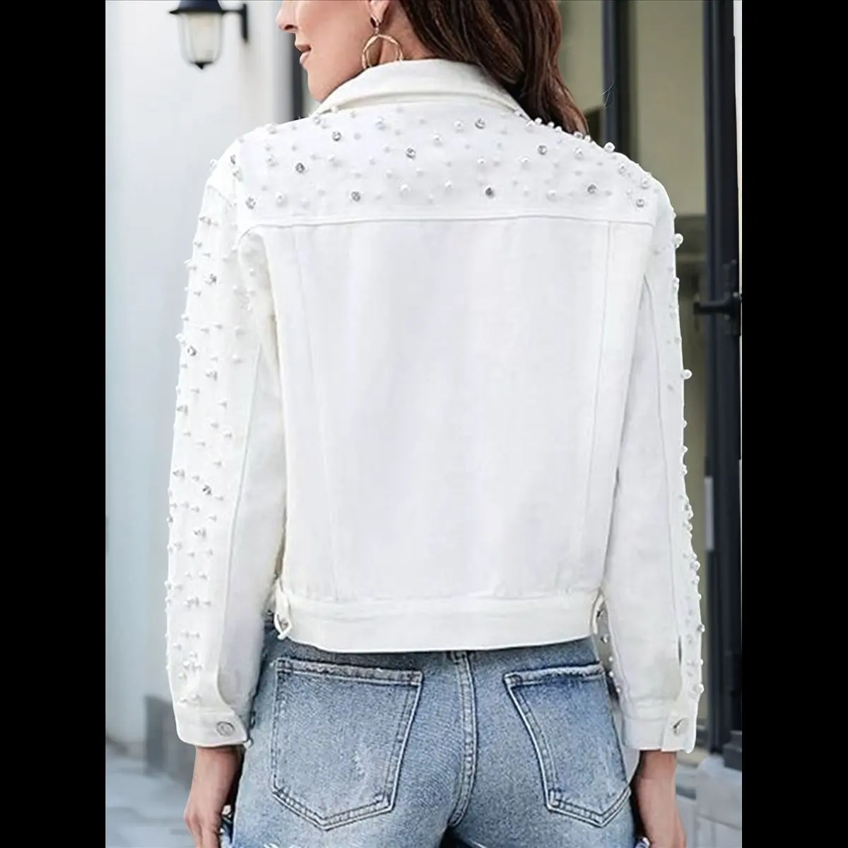 ABAH-سترة جينز لؤلؤية للنساء من قماش الدنيم بأحجار الراين المقصوصة