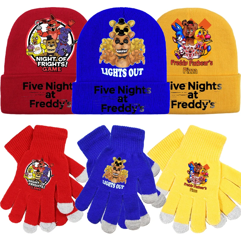 خمس ليال في فريدي قفازات محبوك قبعة الاطفال Fnafs الشتاء القفازات قبعة متماسكة الأطفال الكرتون قفاز بيني الأولاد القبعات هدية