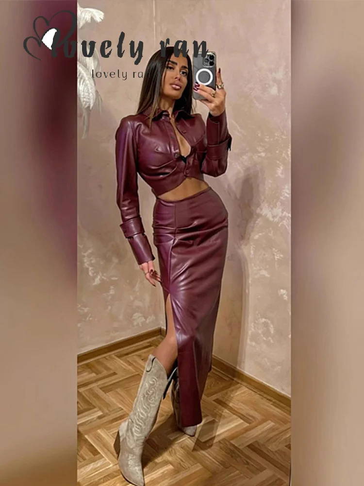 

Urban Lapel Leather Women Short Top Set Short Long Sleeve Pleated Jacket Straight Side Split Skirt 2025 Spring Lady Outfit