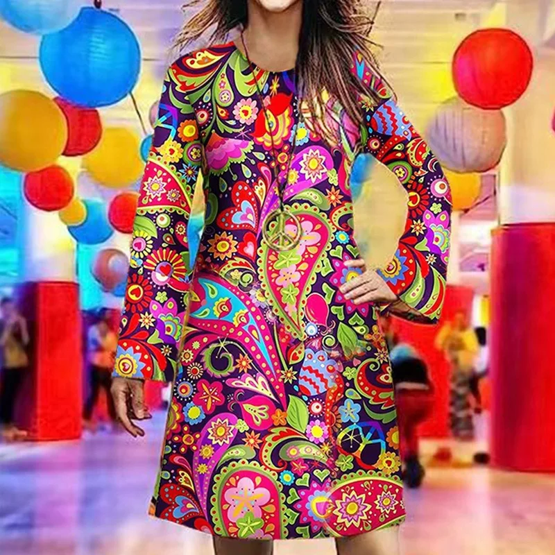 Hippie Costumes with Scarf for Women Carnival Suit Halloween Vintage 70s 80s Rock Disco Cosplay Outfits Party Fantasia Dress Up