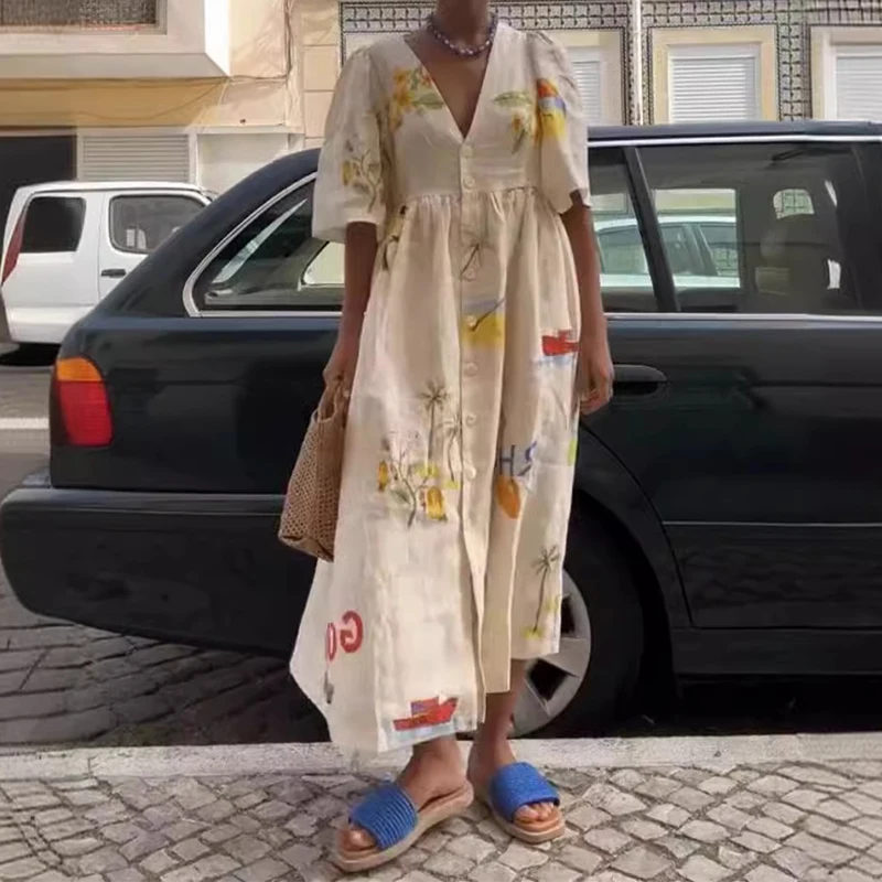 Elegante vestido longo estampado feminino, gola V, manga folhada, camisas de botão solto, casual vestidos, férias de verão, 2024