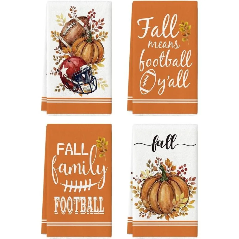 4Pcs, Warm Orange American Football Themed Cleaning Cloths, Machine Washable and Reusable Kitchen Towels, Autumn Family Football Atmosphere Soft Decor Items, Thanksgiving Fan Souvenirs