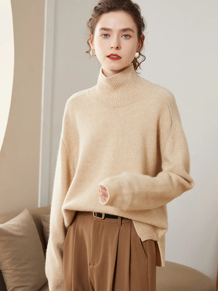 Pullover Sweater Women's Solid Color Loose Thick Warm Soft Comfortable High-Grade Turtleneck Cashmere Sweater Top Autumn Winter