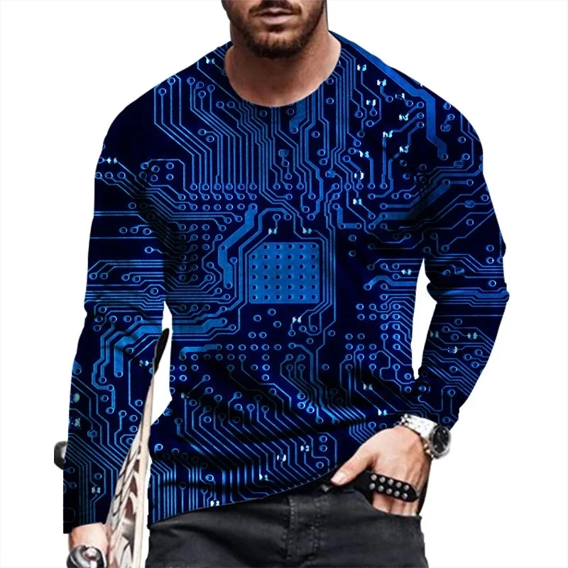 Men's 3D Printed Long Sleeve T-shirt Casual Fashion T Shirt With Circuit Board O Neck Loose Sports Tshirt Punk Style Streetwear