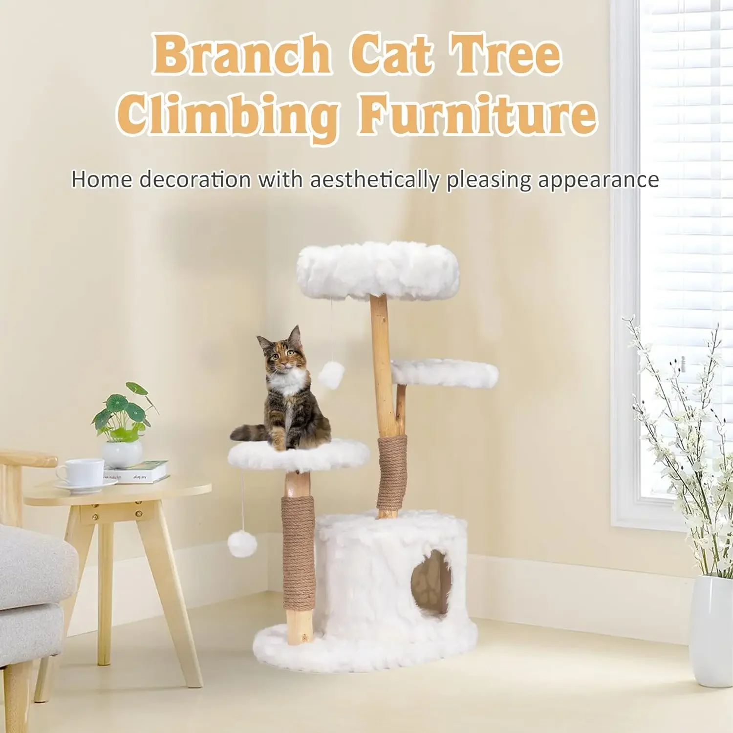 Modern Cat Tree, Natural Branch Cat Tower with Condo and Climbing Perches, Kitten Scratching Tree, Cat Furniture Gift, White