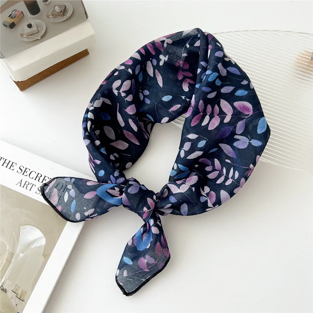 55cm Girls Cotton Linen Spring Summer Square Scarf for Women Korean Chic Headband Fashion Decorative Hairband Floral Neck Scarf image 3