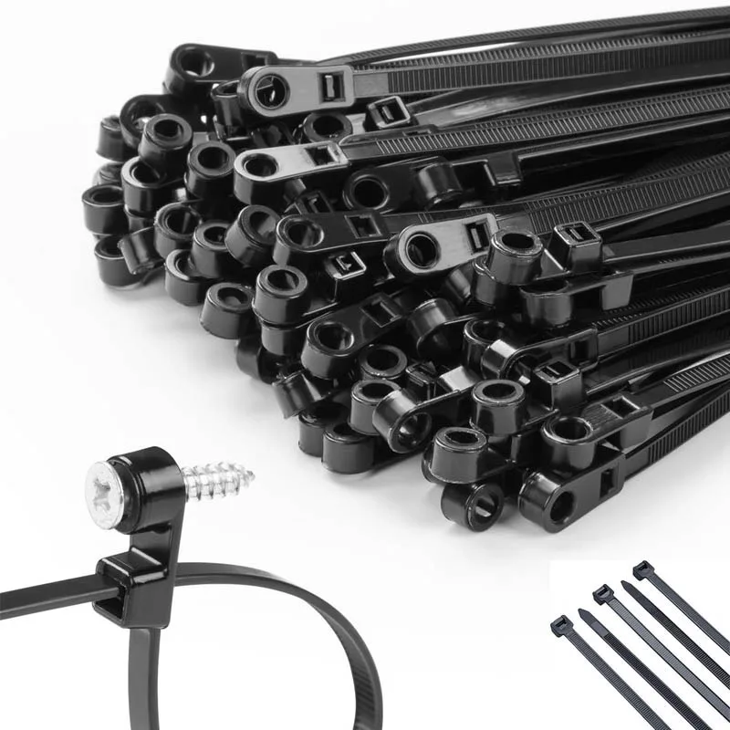 100/200/300/500PCS Nylon Cable Ties with Screw Mounting Hole Fixed Cables Zip Tie Wire Fastening Straps Reusable Self-locking