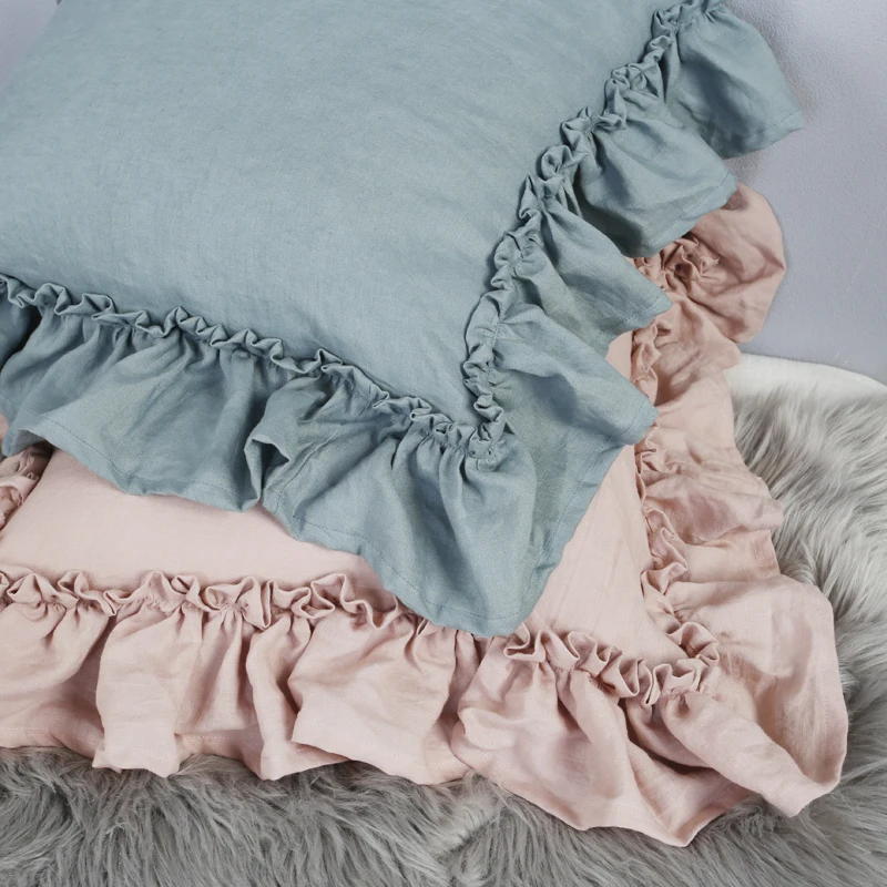 Pure Linen Edge Ruffled White Pillowcases, Bedding Pillow Covers, Zipper Closure Sham Cushion Cover, Solid Color No Filling