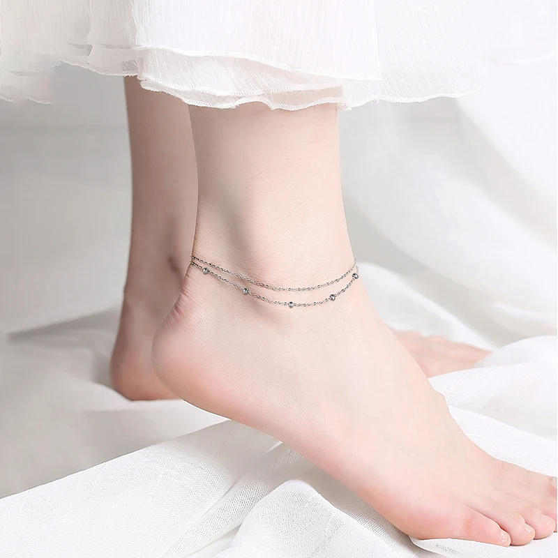 

KISS MANDY 925 Silver Double Chain Layered Bead Anklets Women Dainty Ankle Bracelet Boho Beach Jewelry Summer Accessories SA14