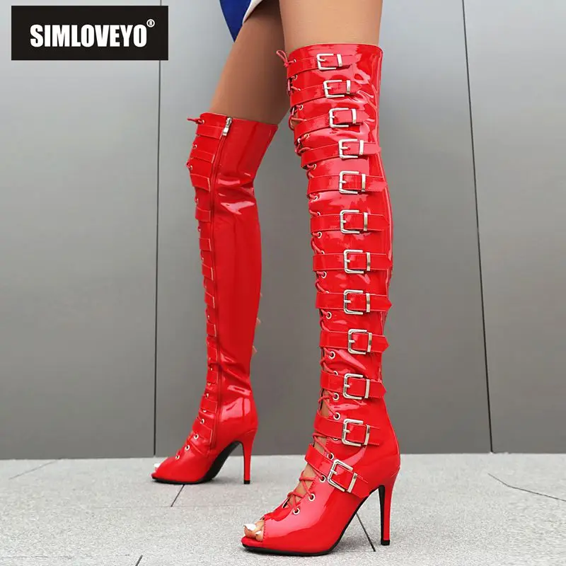 

SIMLOVEYO Fashion Summer Boots Peep Toe Stiletto Zipper Lace Up Metal Decoration Plus Size 47 48 Sexy Street Female Thigh Bota